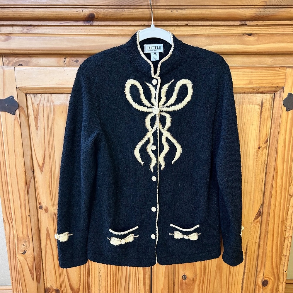 Tuttle Sweater Vintage Made in Bolivia Blue with Yellow Bows Cotton Viscose XL